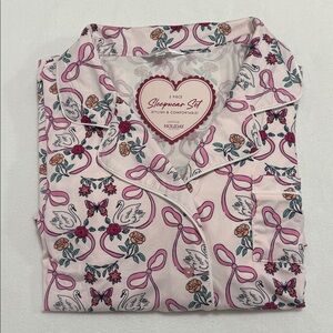 Envogue Women’s XL Swan & Ribbon Pink White Pajama Set Super Soft - NWT